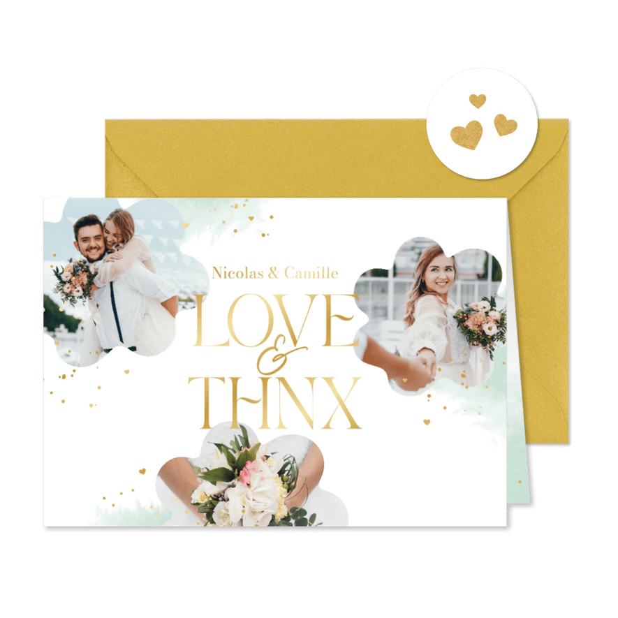 Bedankkaart trouwen waterverf mint goud hartjes foto - Kaartimpressie