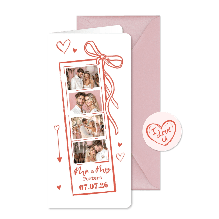Bedankkaart uniek fotostrip trouwen romantisch hip - Kaartimpressie
