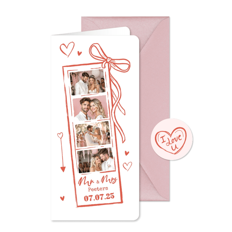 Bedankkaart uniek fotostrip trouwen romantisch hip - Kaartimpressie