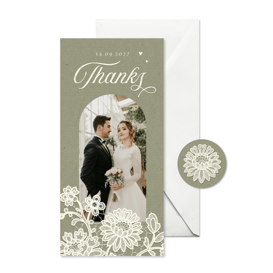 Bedankkaart vintage kraft kant bloemen groen foto - Kaartimpressie