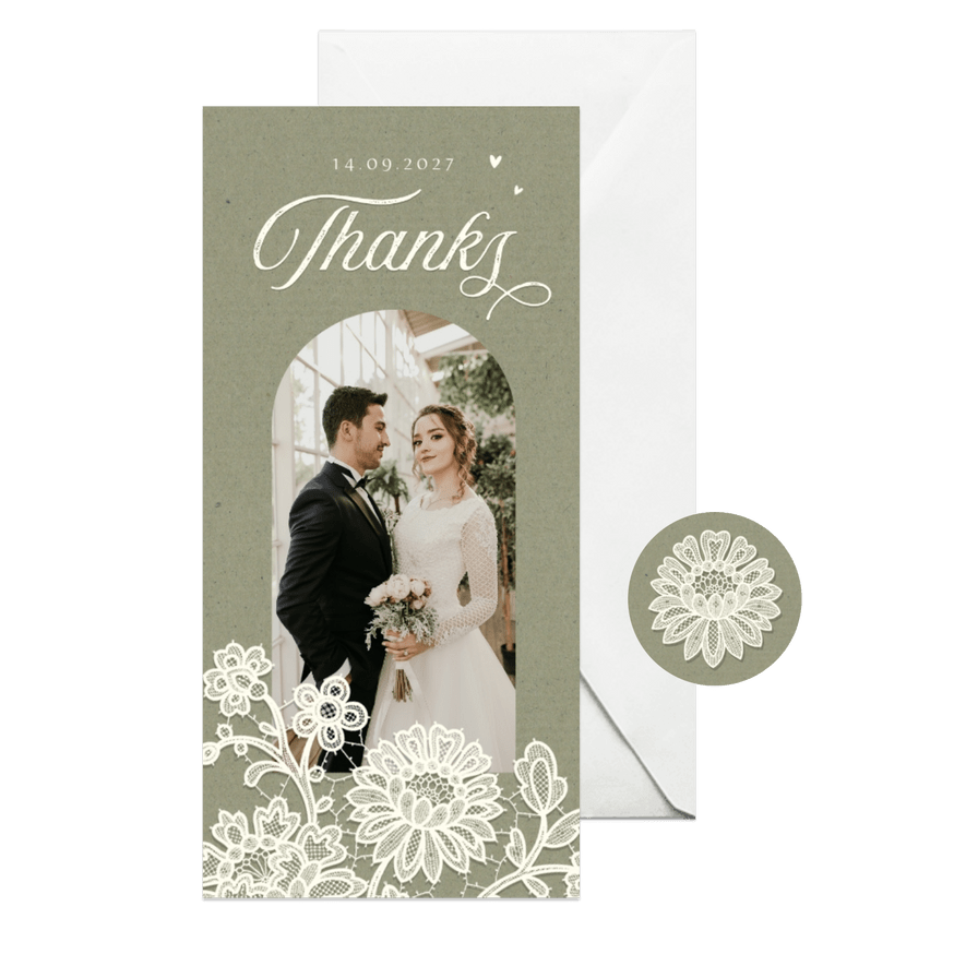 Bedankkaart vintage kraft kant bloemen groen foto - Kaartimpressie