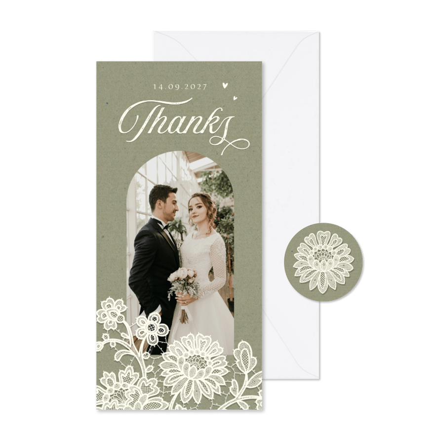 Bedankkaart vintage kraft kant bloemen groen foto - Kaartimpressie