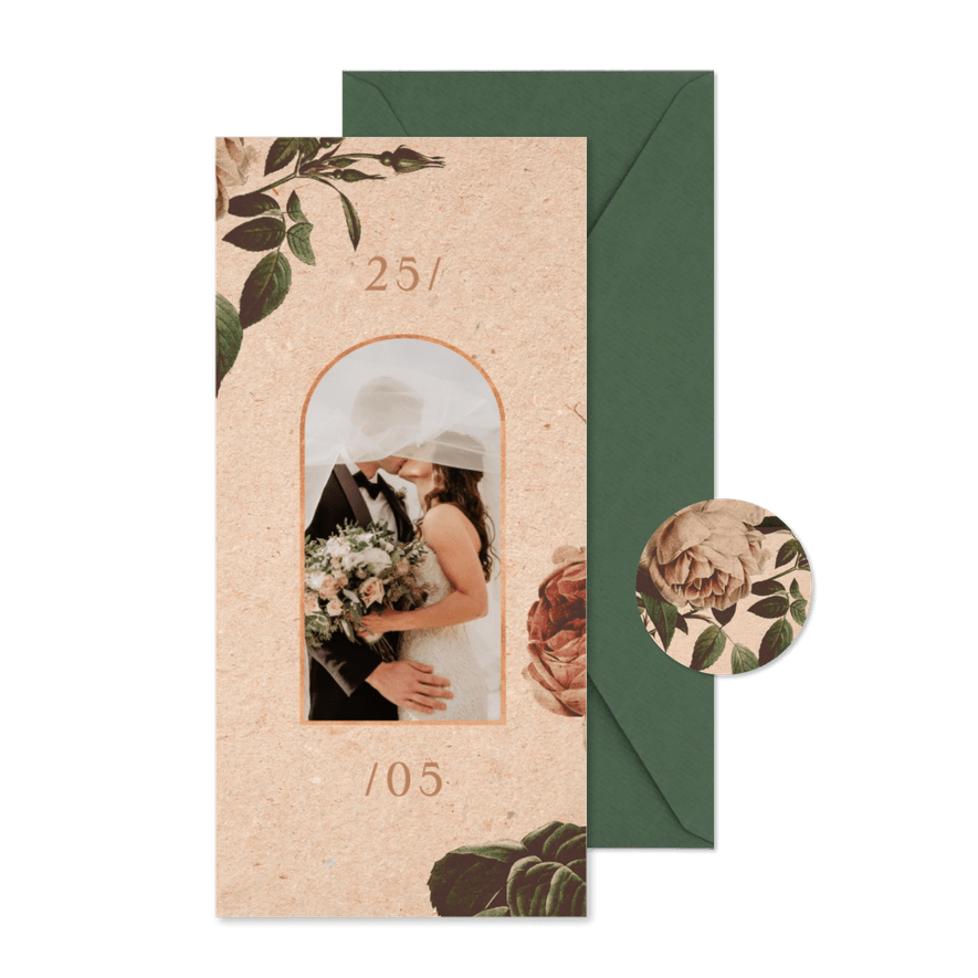 Bedankkaart vintage met foto en bloemen - Kaartimpressie