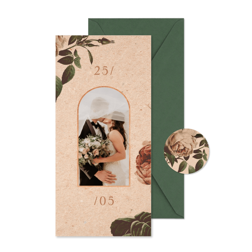 Bedankkaart vintage met foto en bloemen - Kaartimpressie