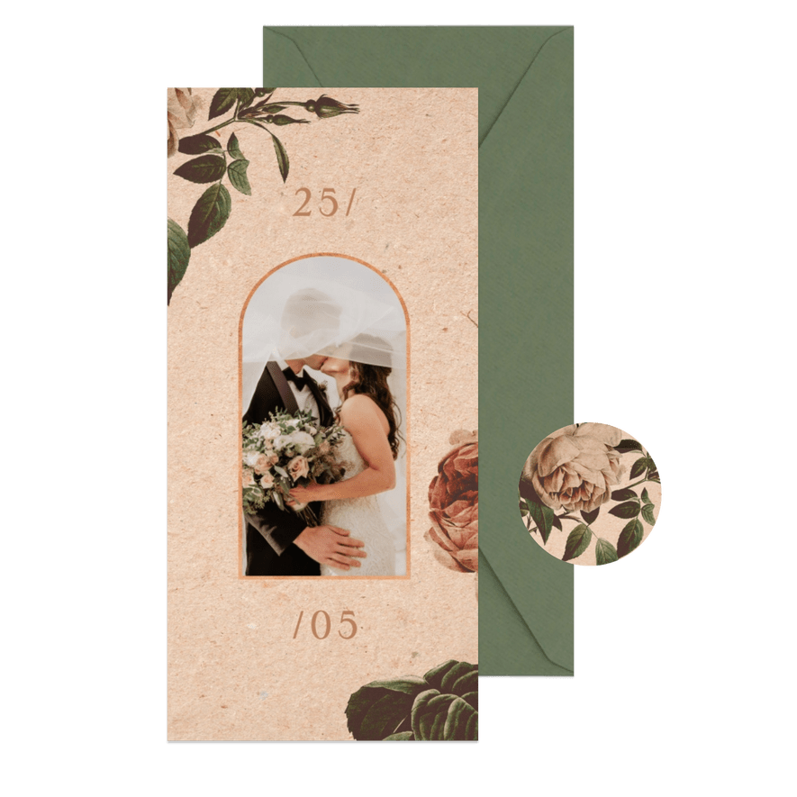 Bedankkaart vintage met foto en bloemen - Kaartimpressie