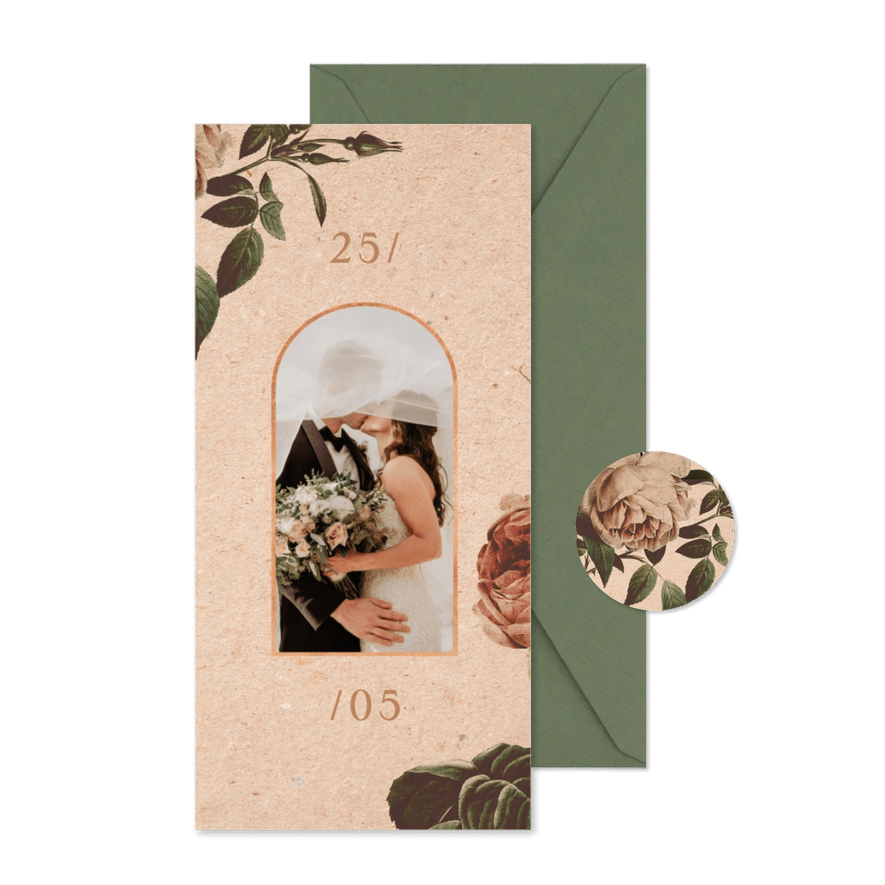 Bedankkaart vintage met foto en bloemen - Kaartimpressie