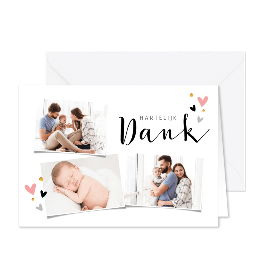 Bedankkaart voor doop fotocollage met hartjes - Kaartimpressie