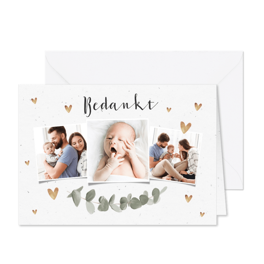 Bedankkaart voor doopviering met eucalyptus en foto's - Kaartimpressie