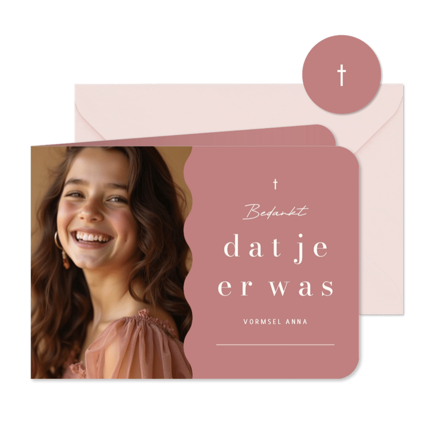 Bedankkaart vormsel communie oudroze met foto - Kaartimpressie