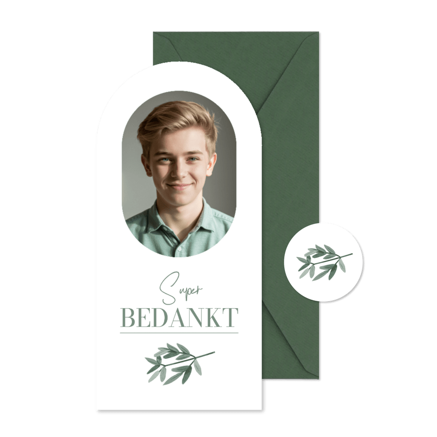 Bedankkaart vormsel takjes stijlvol boogkaart groen foto - Kaartimpressie