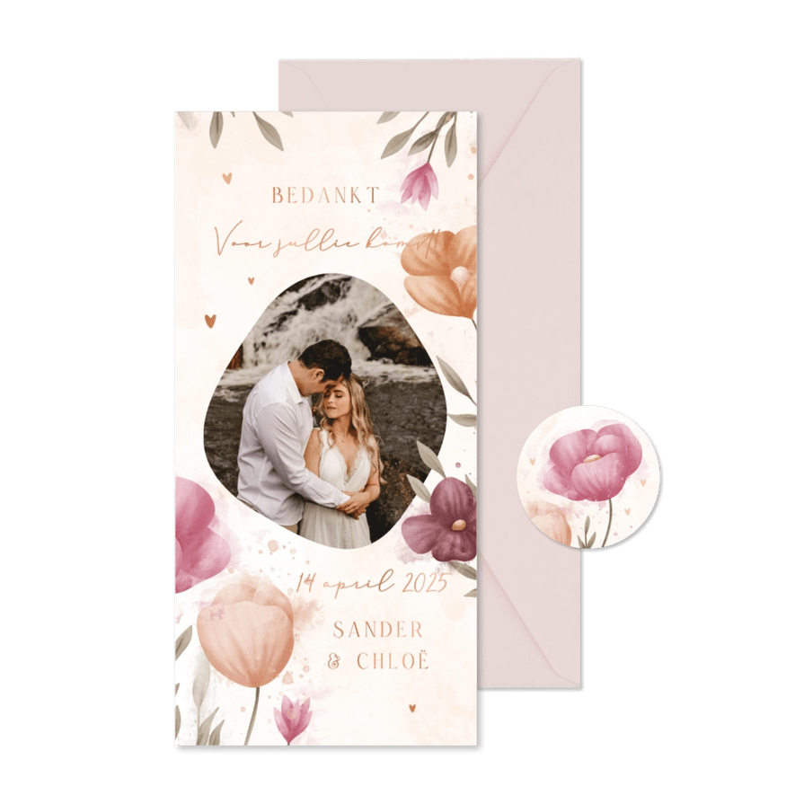 Bedankkaart waterverf bloemen met koperen hartjes - Kaartimpressie