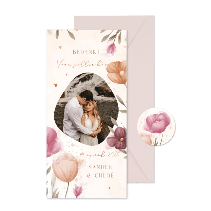 Bedankkaart waterverf bloemen met koperen hartjes - Kaartimpressie