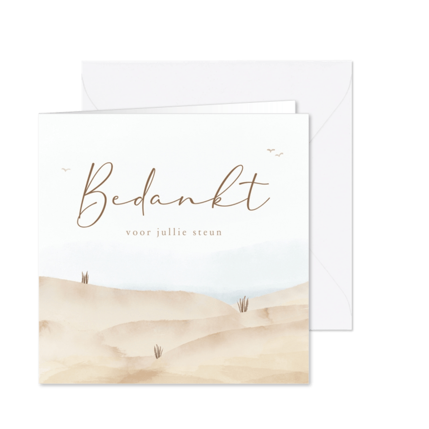 Bedankkaart waterverf met zand, duinen en vogeltjes - Kaartimpressie