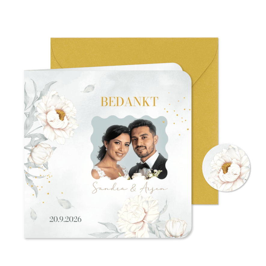 Bedankkaart witte pioenrozen met goudlook - Kaartimpressie