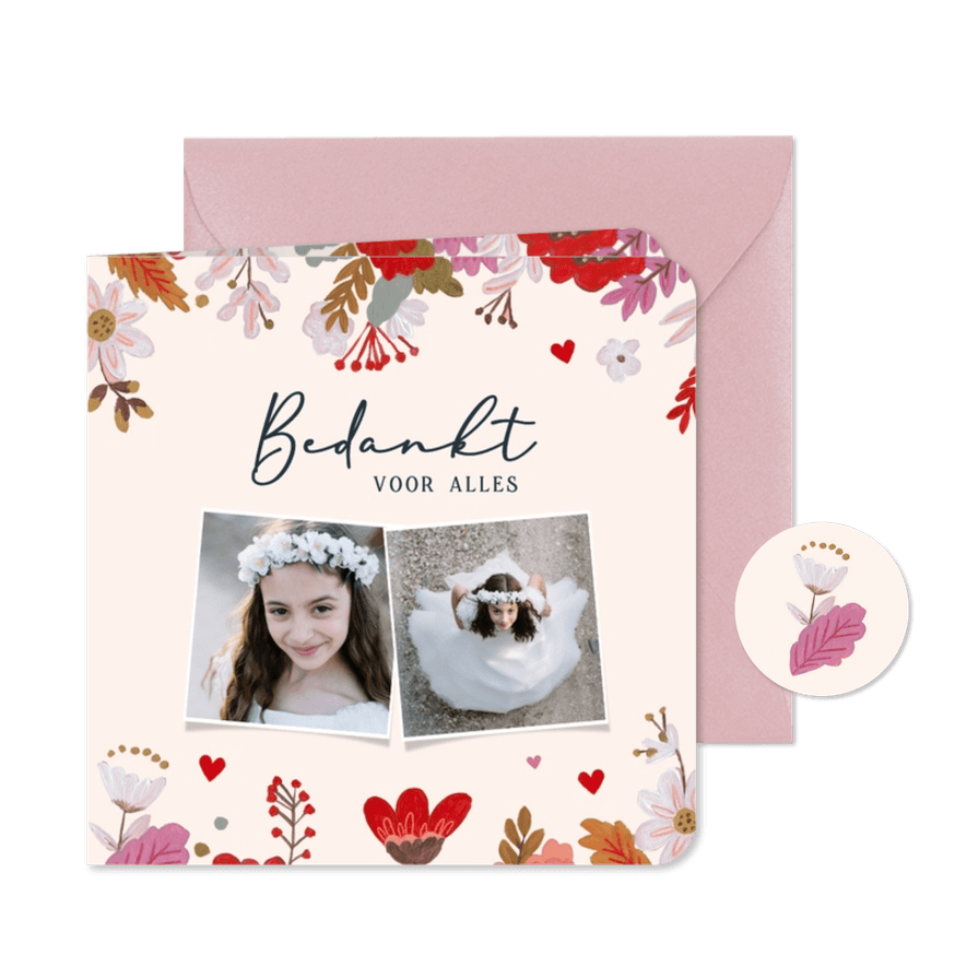 Bedankkaartje bloemen eerste communie twee foto's - Kaartimpressie
