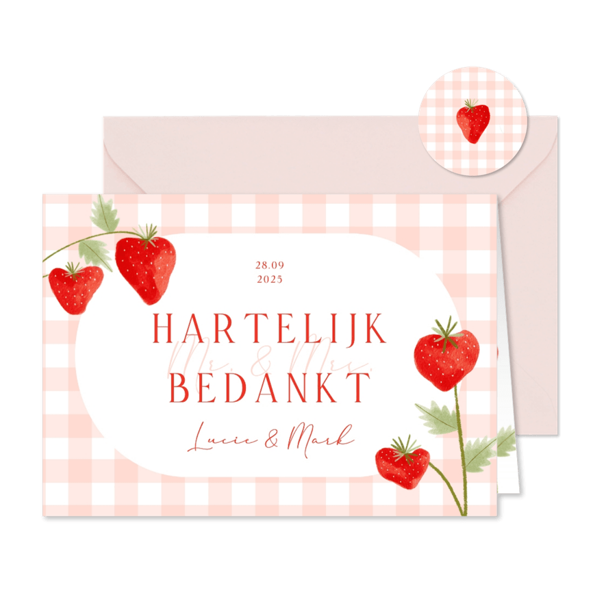 Bedankkaartje bruiloft aardbeien roze ruitjes - Kaartimpressie