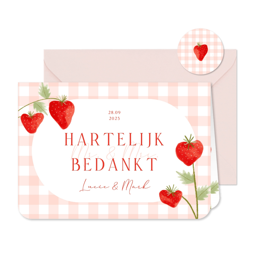 Bedankkaartje bruiloft aardbeien roze ruitjes - Kaartimpressie