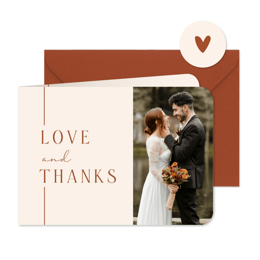 Bedankkaartje bruiloft beige met lijn terracotta modern - Kaartimpressie