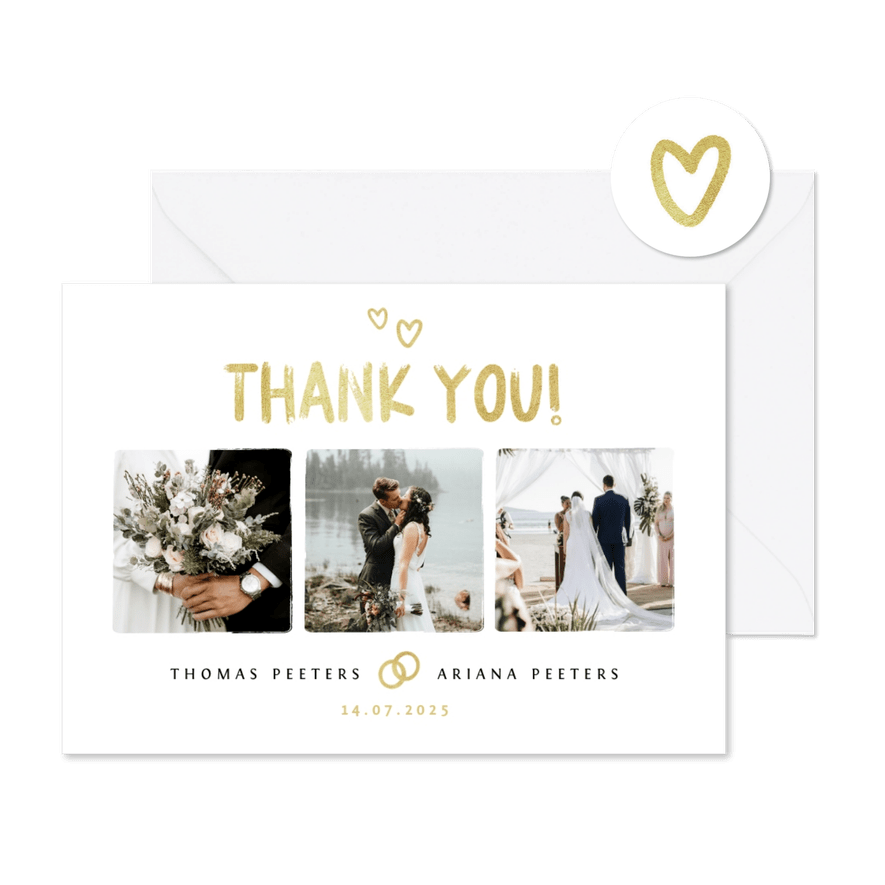 Bedankkaartje bruiloft fotocollage goud hartjes foto's - Kaartimpressie
