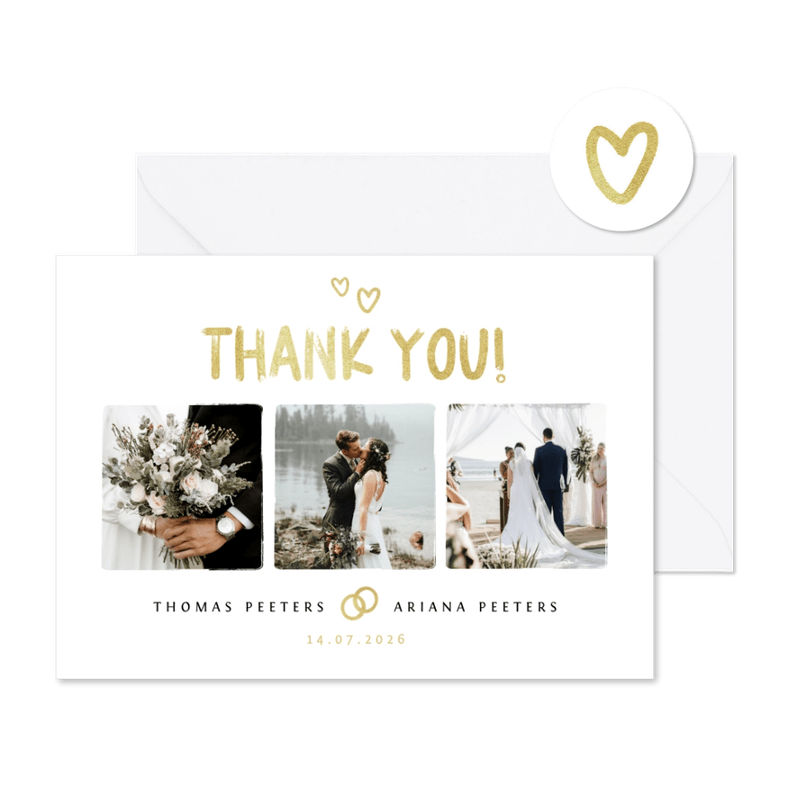 Bedankkaartje bruiloft fotocollage goud hartjes foto's - Kaartimpressie