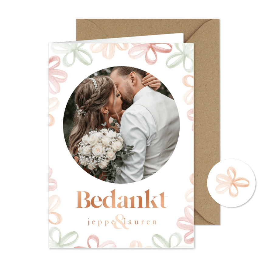 Bedankkaartje bruiloft gekleurde bloemetjes waterverf - Kaartimpressie