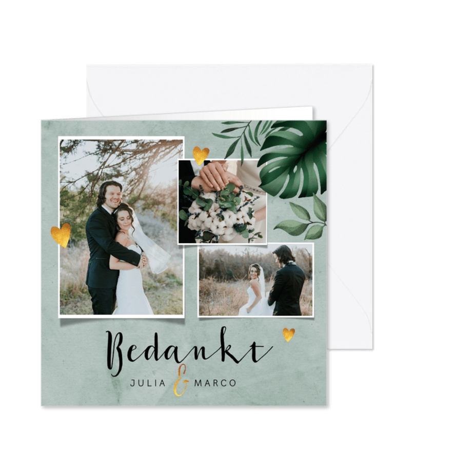 Bedankkaartje bruiloft stijlvol botanisch met fotocollage - Kaartimpressie