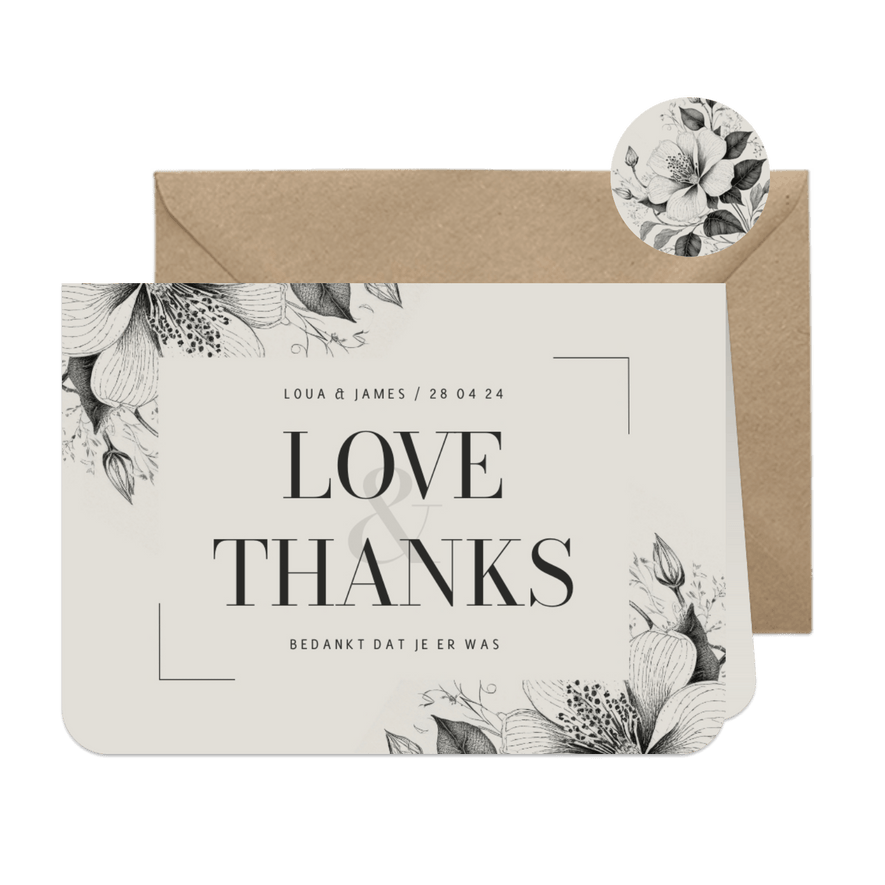 Bedankkaartje bruiloft vintage bloemen love and thanks - Kaartimpressie