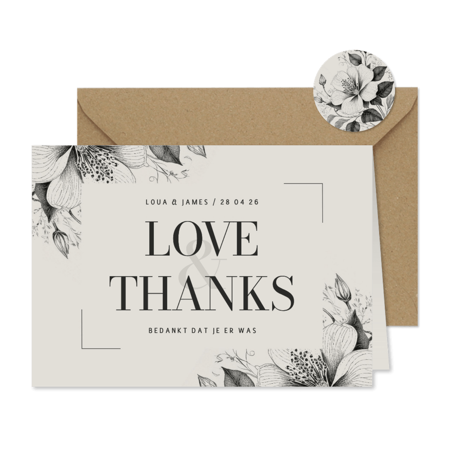 Bedankkaartje bruiloft vintage bloemen love and thanks - Kaartimpressie