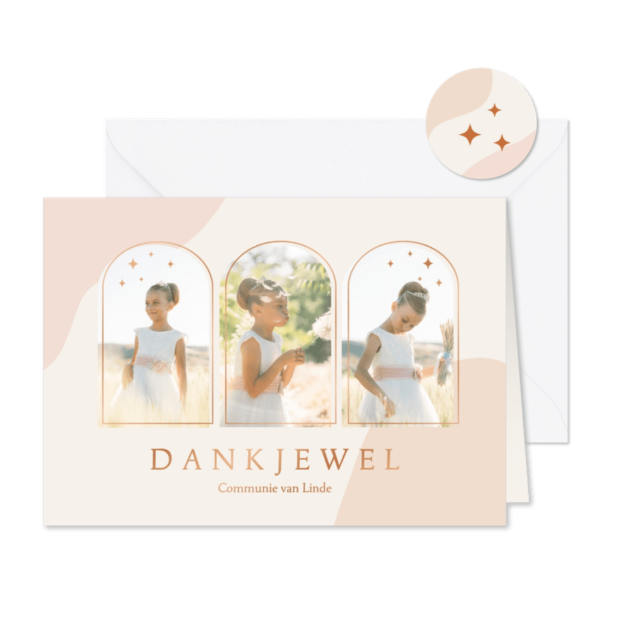 Bedankkaartje communie abstracte vormen bogen en sterretjes - Kaartimpressie