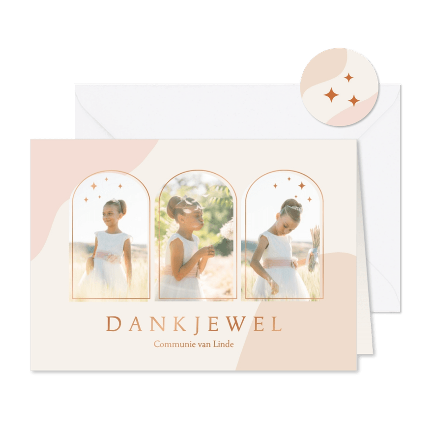 Bedankkaartje communie abstracte vormen bogen en sterretjes - Kaartimpressie