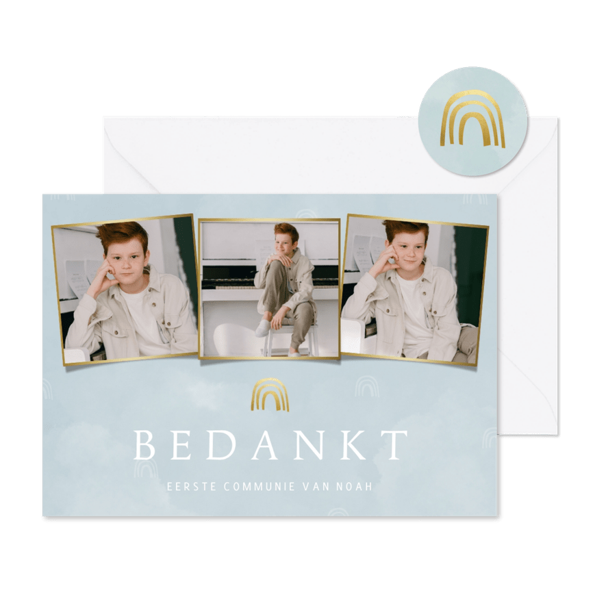 Bedankkaartje communie blauw met regenboogjes - Kaartimpressie