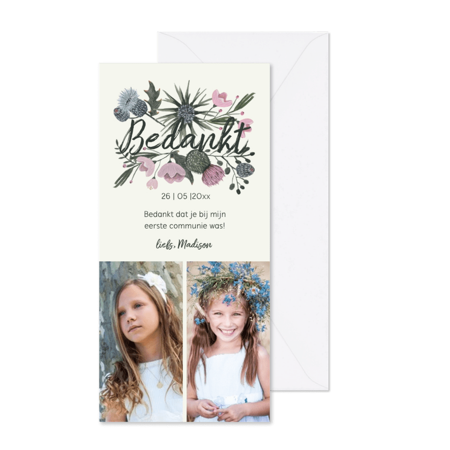 Bedankkaartje communie bloem boeket - Kaartimpressie