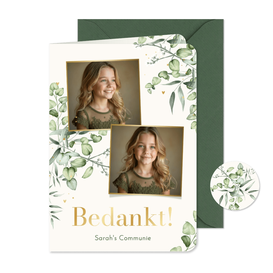 Bedankkaartje communie eucalyptus goud 2 foto's - Kaartimpressie