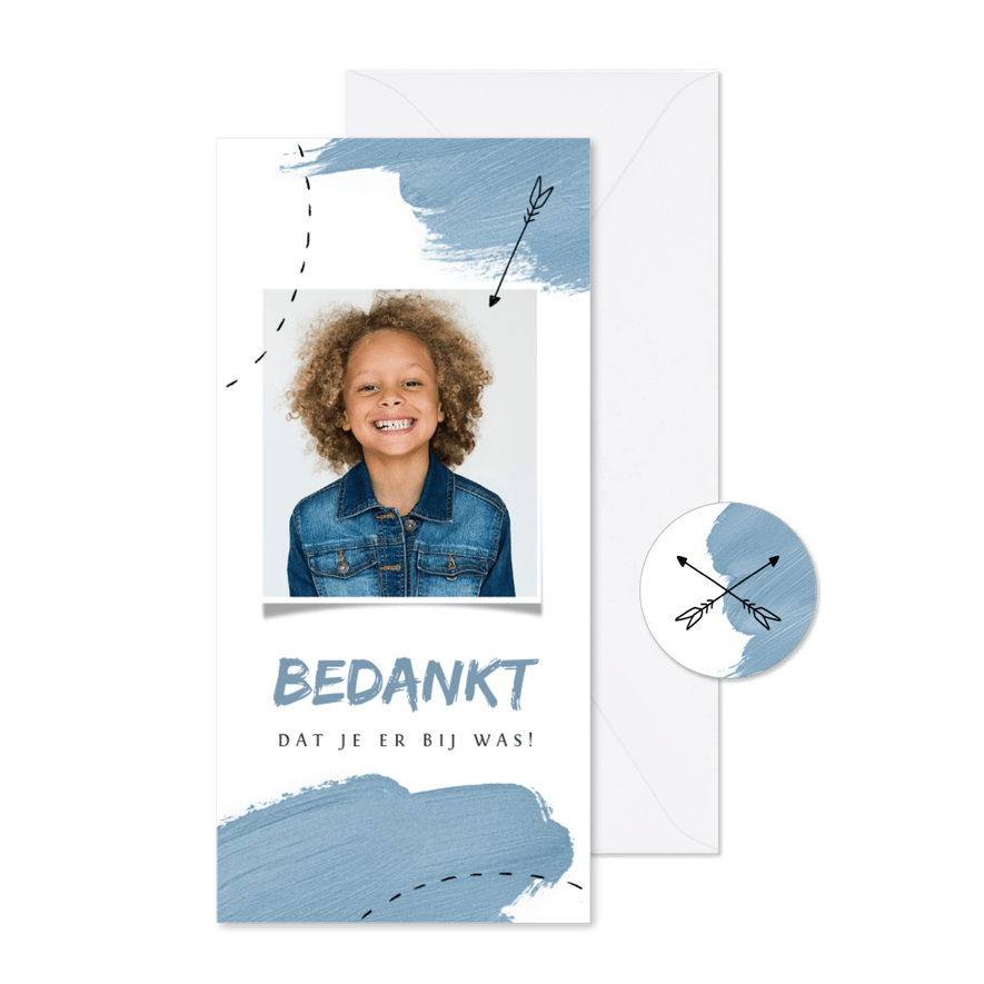 Bedankkaartje communie feest blauw verf pijltje foto - Kaartimpressie