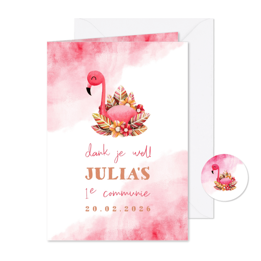 Bedankkaartje communie flamingo met waterverf - Kaartimpressie