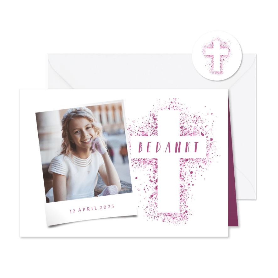 Bedankkaartje communie foto & kruis verfspetters roze - Kaartimpressie