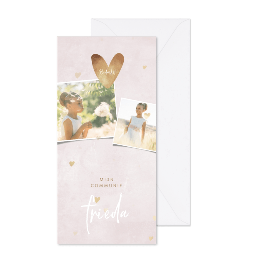 Bedankkaartje communie foto's en hartjes - Kaartimpressie