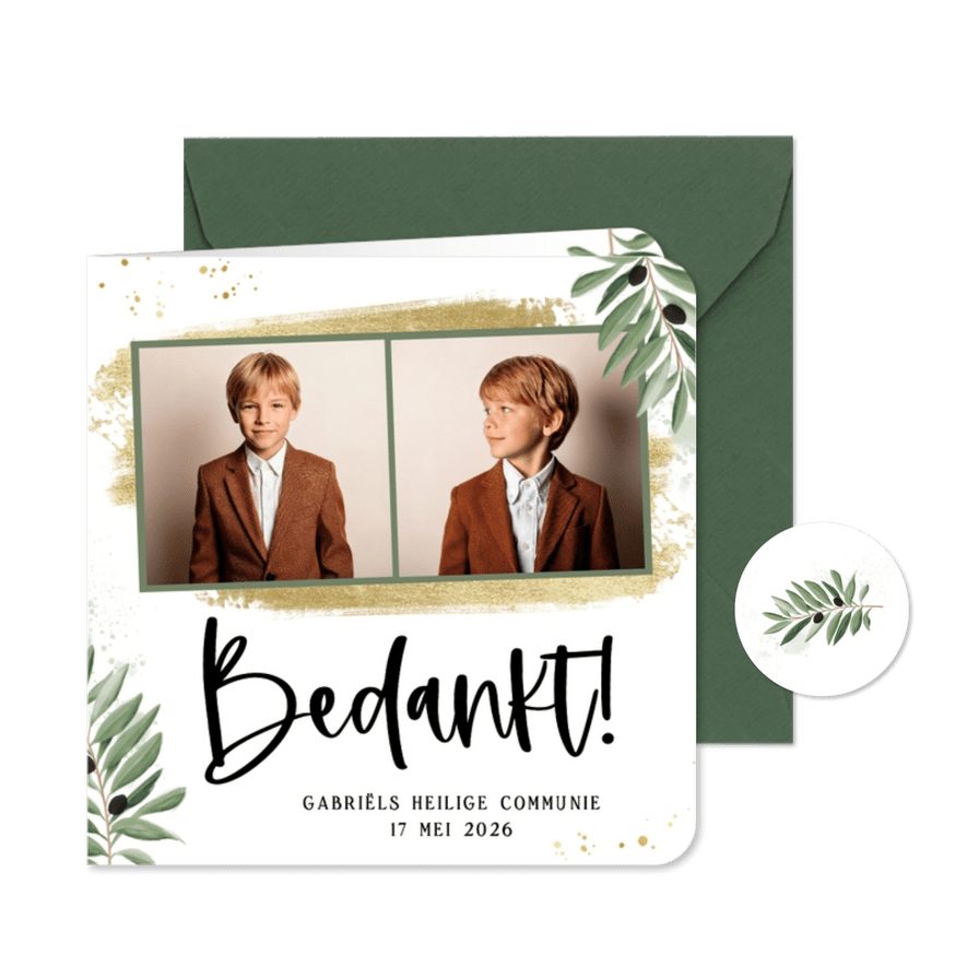 Bedankkaartje communie goud olijftakjes fotostrip  - Kaartimpressie
