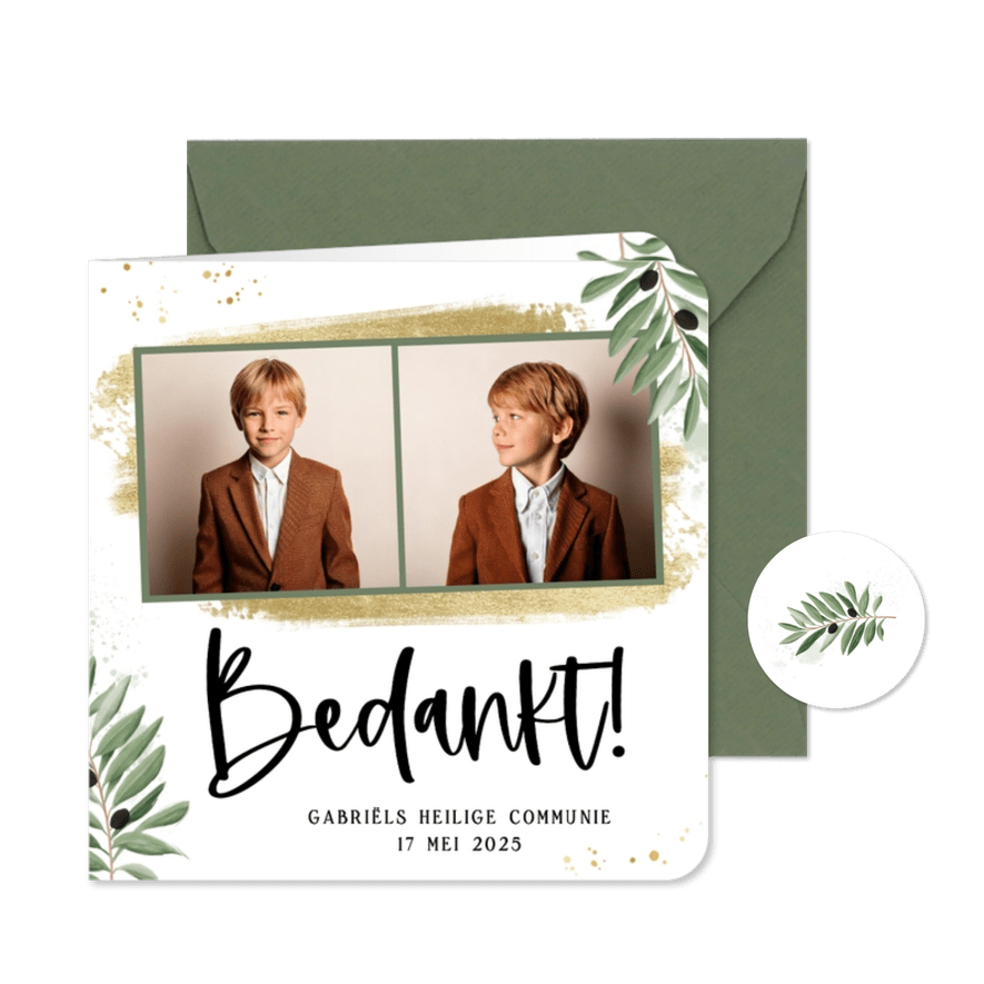 Bedankkaartje communie goud olijftakjes fotostrip - Kaartimpressie