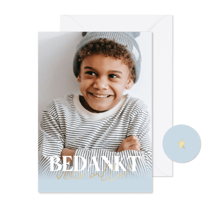 Bedankkaartje communie grote foto goudfolie - Kaartimpressie