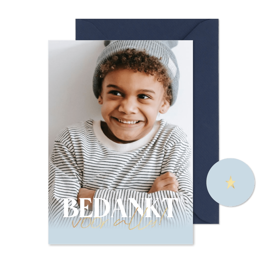 Bedankkaartje communie grote foto goudfolie - Kaartimpressie