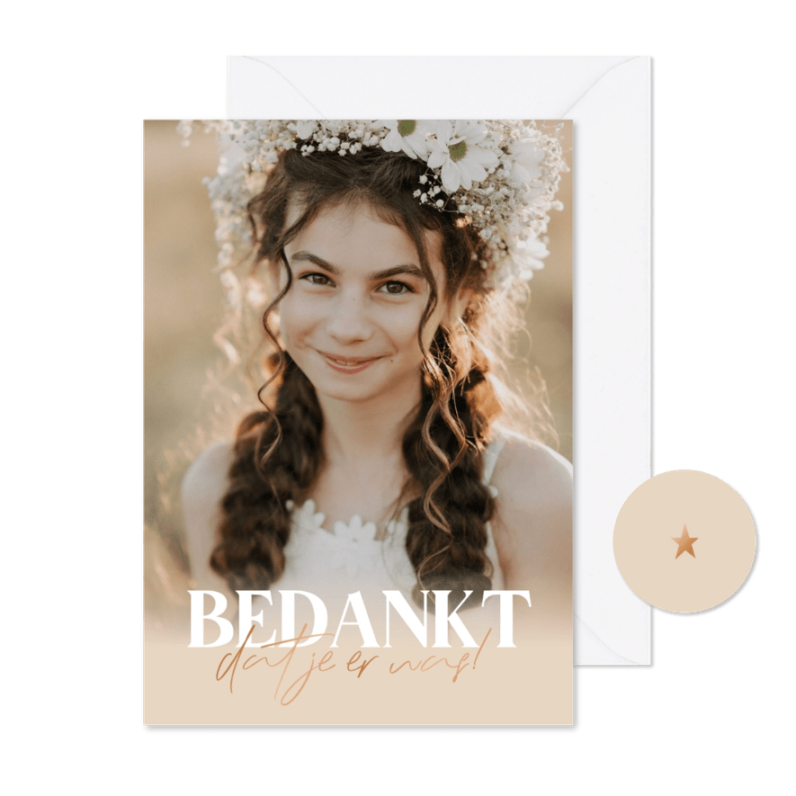 Bedankkaartje communie grote foto tekst in koperfolie - Kaartimpressie