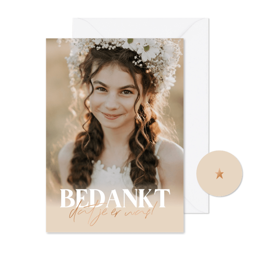 Bedankkaartje communie grote foto tekst in koperfolie - Kaartimpressie