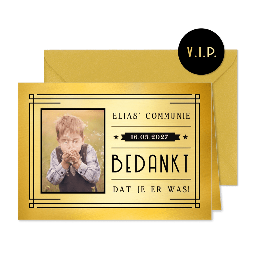 Bedankkaartje communie in een gouden ticket stijl - Kaartimpressie