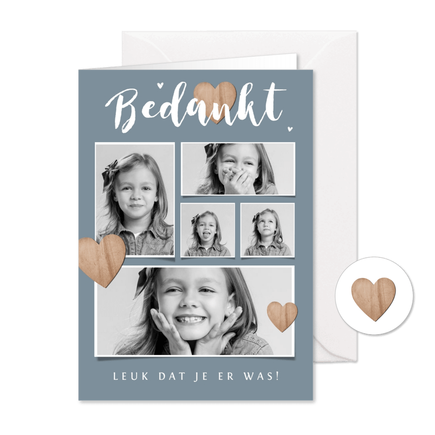 Bedankkaartje communie lentefeest fotocollage houten hartjes - Kaartimpressie