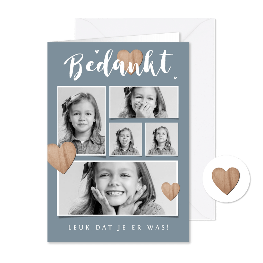 Bedankkaartje communie lentefeest fotocollage houten hartjes - Kaartimpressie