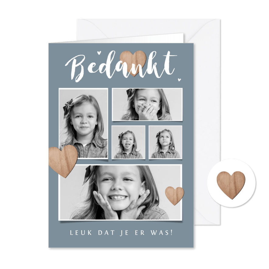 Bedankkaartje communie lentefeest fotocollage houten hartjes - Kaartimpressie
