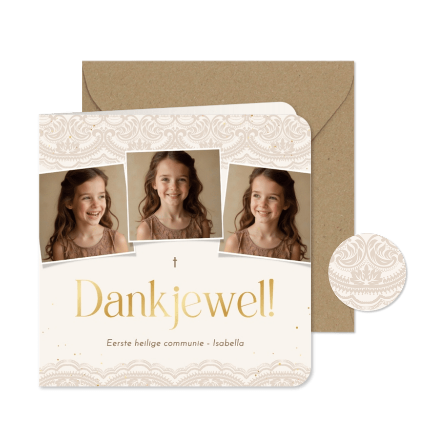 Bedankkaartje communie met beige kant en gouden spetters - Kaartimpressie