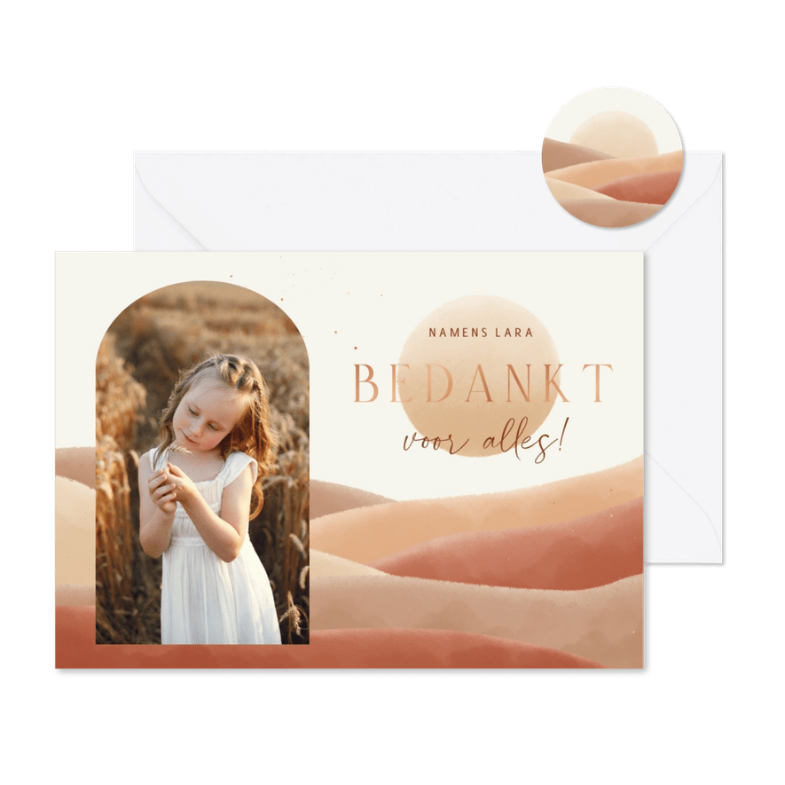 Bedankkaartje communie met landschap en foto - Kaartimpressie