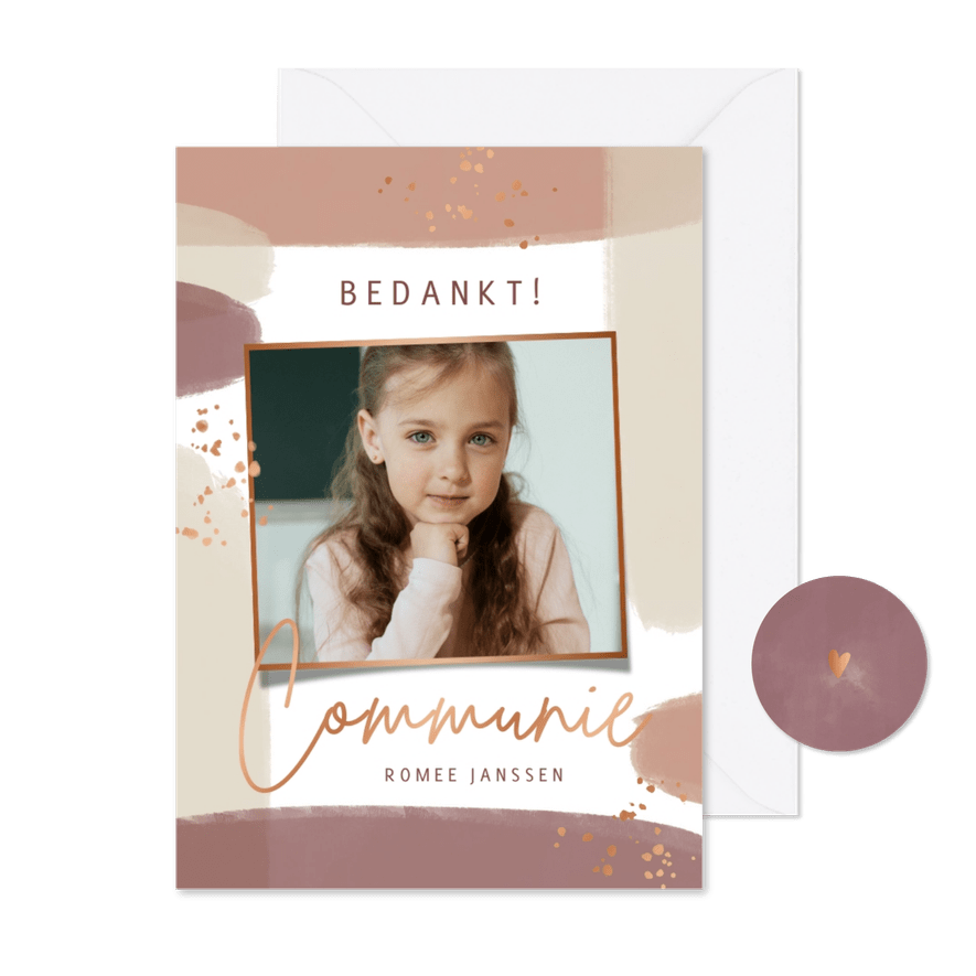 Bedankkaartje communiefeest met verfstrepen en koperfolie - Kaartimpressie